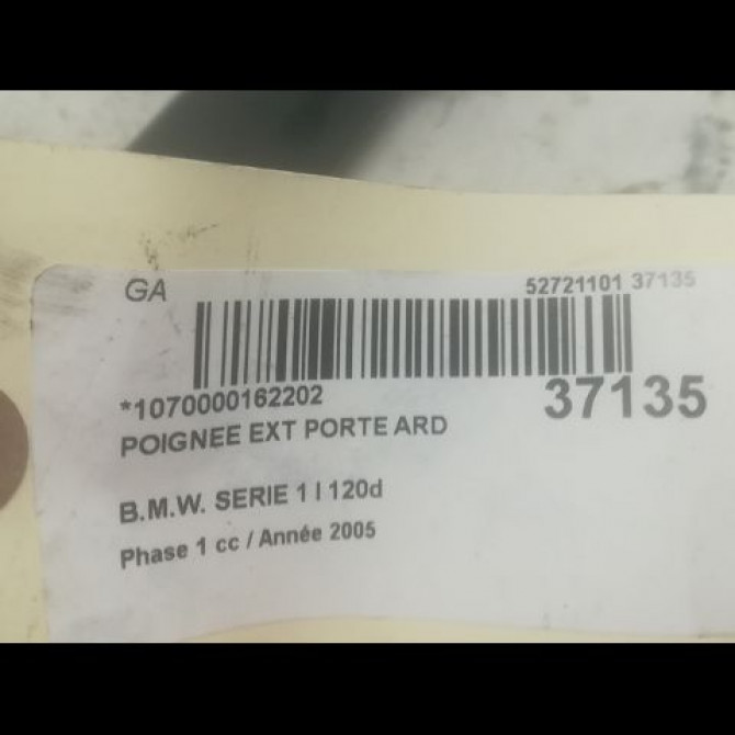 Poignee ext porte ard occasion B.M.W. SERIE 1 I Phase 1 05-2004->12-2006 120d 51217207552 3