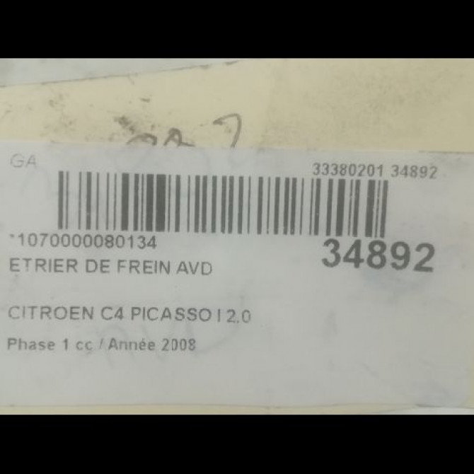 Etrier de frein avant droit occasion CITROEN C4 PICASSO I Phase 1 01-2007->10-2013 2.0 HDi 138ch 4400T5 3