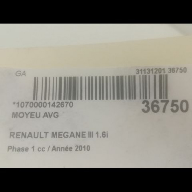 Moyeu avg occasion RENAULT MEGANE III Phase 1 11-2008->01-2012 1.6i 16v 110ch 402108022R 3