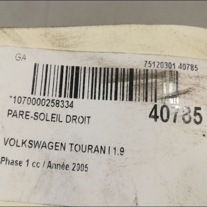 Pare-soleil droit occasion VOLKSWAGEN TOURAN I Phase 1 03-2003->12-2006 1.9 TDI 105ch 1T0857552F2F4 3