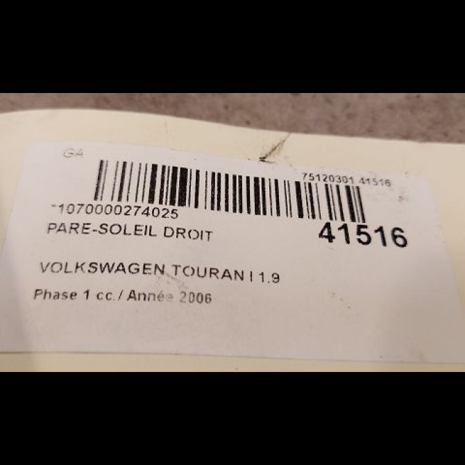 Pare-soleil droit occasion VOLKSWAGEN TOURAN I Phase 1 03-2003->12-2006 1.9 TDI 105ch 1T0857552F2F4 3