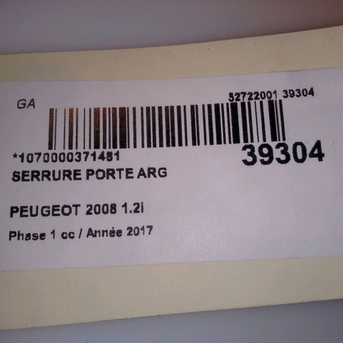 Serrure porte arg occasion PEUGEOT 2008 Phase 1 01-2013->... 1.2i PURETECH 110ch 9812501280 4