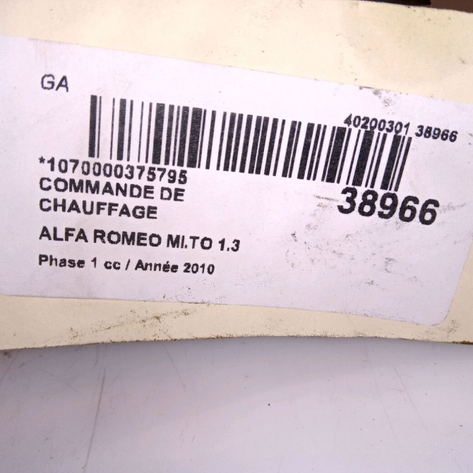 Commande de chauffage occasion ALFA ROMEO MI.TO MI.TO Phase 1 2008-09-01->2016-12-31 1.3 JTDM 95ch 156083331 4