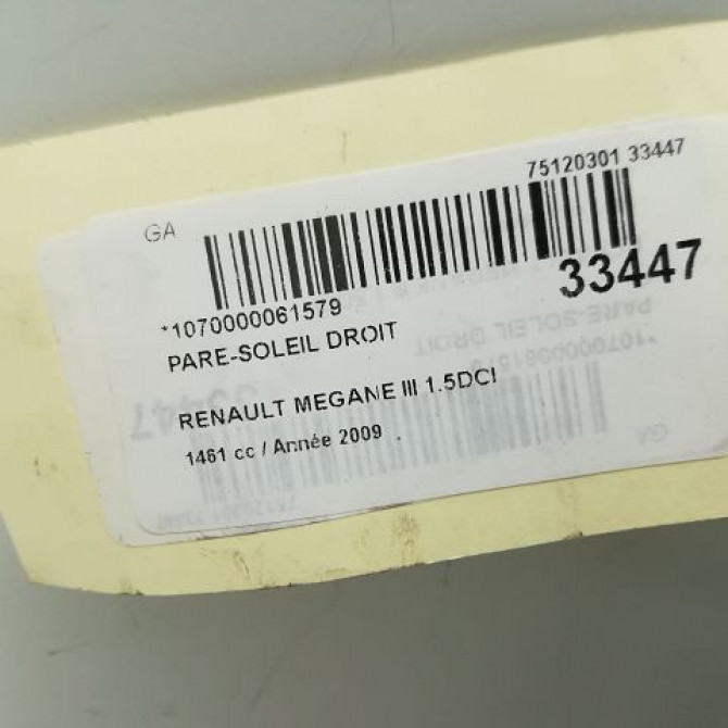 Pare-soleil droit occasion RENAULT MEGANE III Phase 1 11-2008->01-2012 964007324R 3