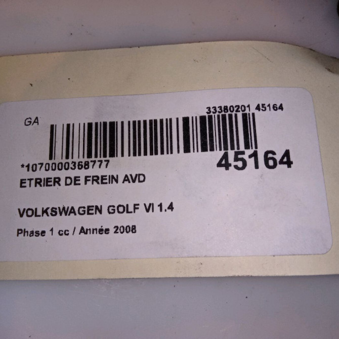 Etrier de frein avant droit occasion VOLKSWAGEN GOLF VI Phase 1 10-2008->04-2013 1.4 TSI 16v 122ch 4