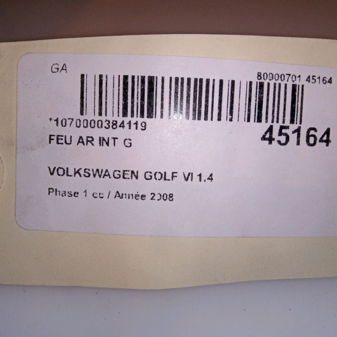 Feu arrière interieur gauche occasion VOLKSWAGEN GOLF VI Phase 1 10-2008->04-2013 1.4 TSI 16v 122ch 4