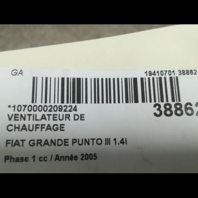 Ventilateur de chauffage occasion FIAT GRANDE PUNTO III Phase 1 09-2005->12-2013 1.4i 77ch 77364956 3