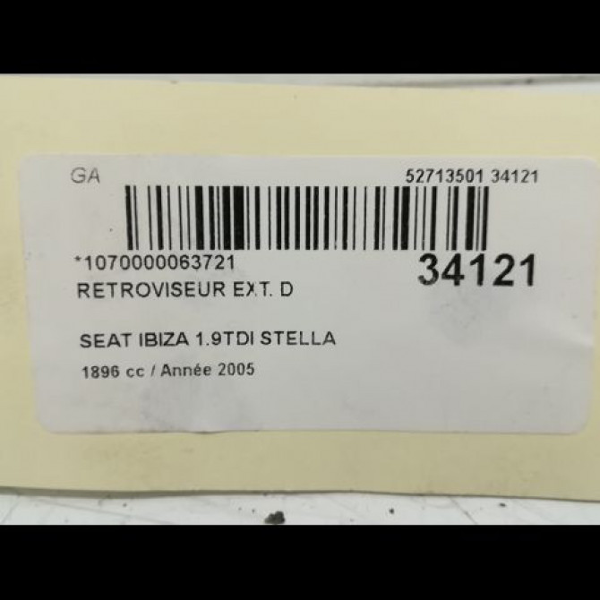 Retroviseur exterieur manuel droit occasion SEAT IBIZA III Phase 1 03-2002->03-2006 1.9 TDI 100ch 6L1857508AD9B9 3
