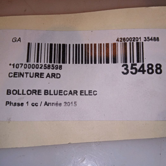 Ceinture arrière droite occasion BOLLORE BLUECAR Phase 1 01-2011->... ELEC 4