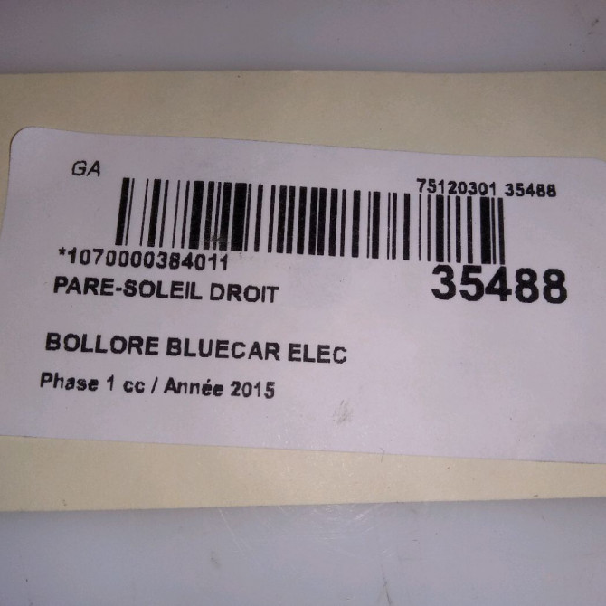 Pare-soleil droit occasion BOLLORE BLUECAR Phase 1 01-2011->... ELEC 3