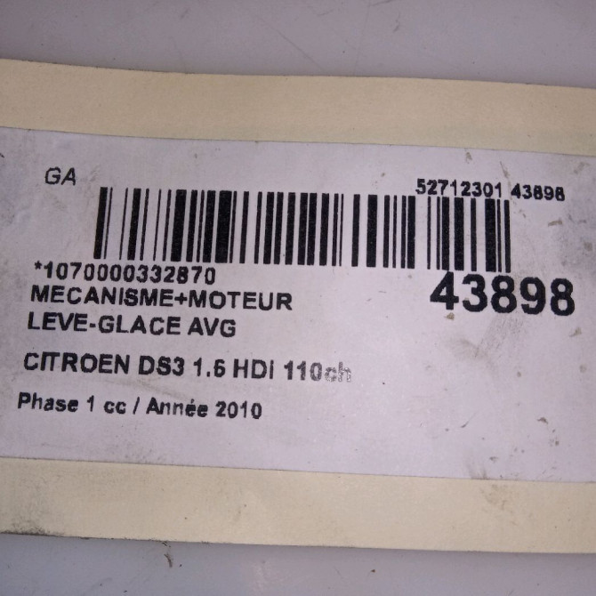 Mecanisme+moteur leve-glace avg occasion CITROEN DS3 Phase 1 11-2009->03-2014 1.6 HDi 110ch 9802740880 4