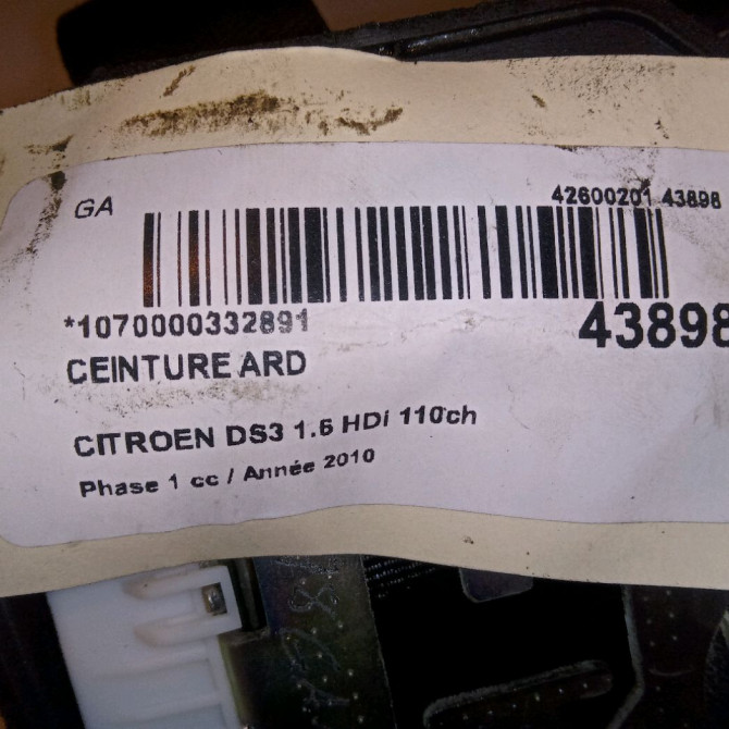 Ceinture arrière droite occasion CITROEN DS3 Phase 1 11-2009->03-2014 1.6 HDi 110ch 8976F1 4