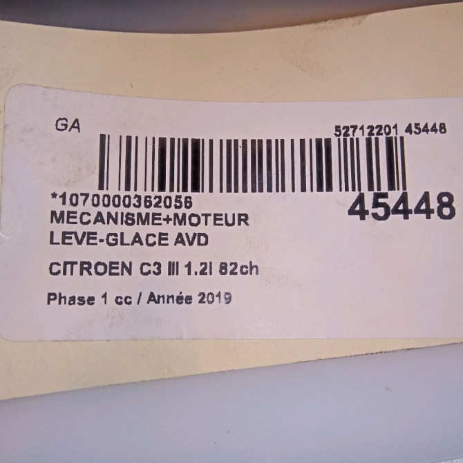Mecanisme + moteur lève-glace avant droit occasion CITROEN C3 III Phase 1 10-2016->... 1.2i 82ch 9813093180 4