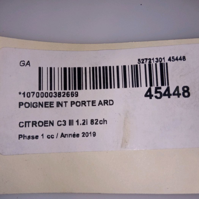 Poignee int porte ard occasion CITROEN C3 III Phase 1 10-2016->... 1.2i 82ch 98012885VV 4