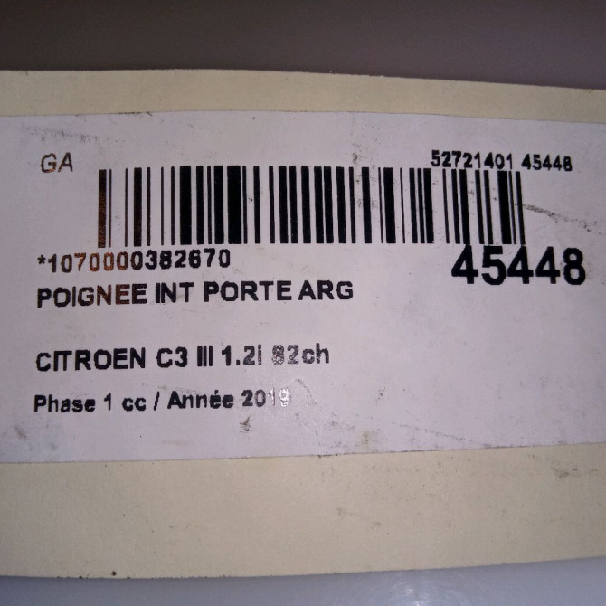 Poignee int porte arg occasion CITROEN C3 III Phase 1 10-2016->... 1.2i 82ch 98012886VV 4