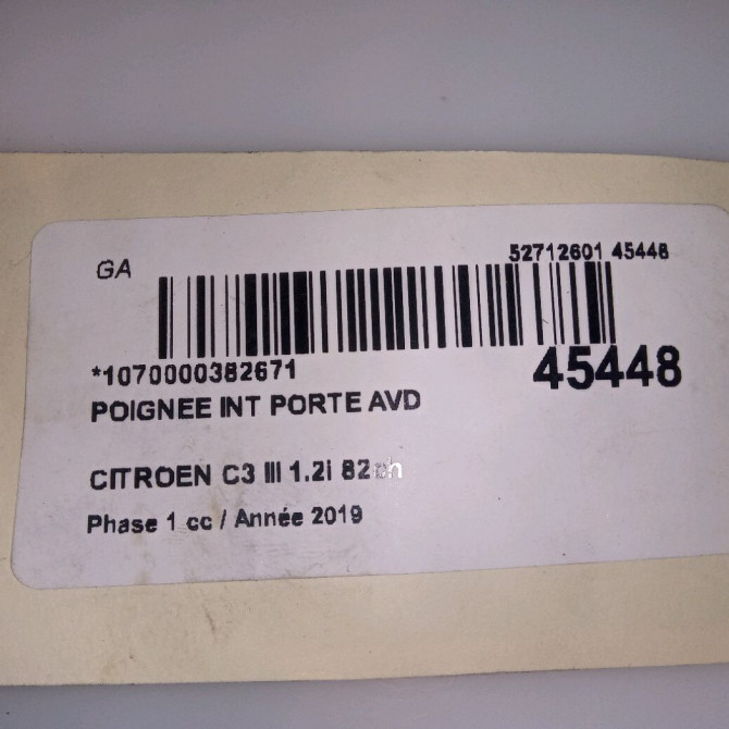 Poignee int porte avd occasion CITROEN C3 III Phase 1 10-2016->... 1.2i 82ch 98012885VV 4