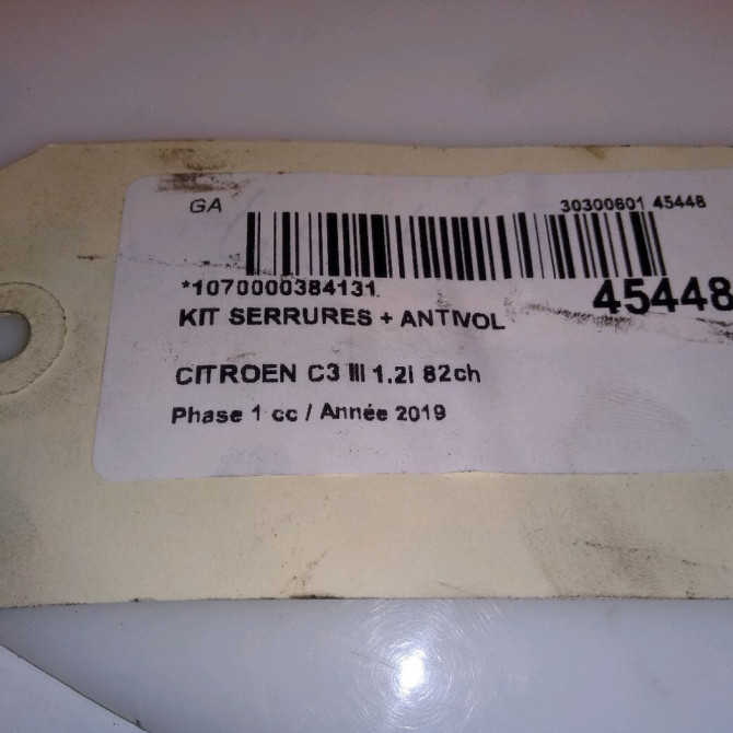 Kit serrures + antivol occasion CITROEN C3 III Phase 1 10-2016->... 1.2i 82ch 9814453580 3