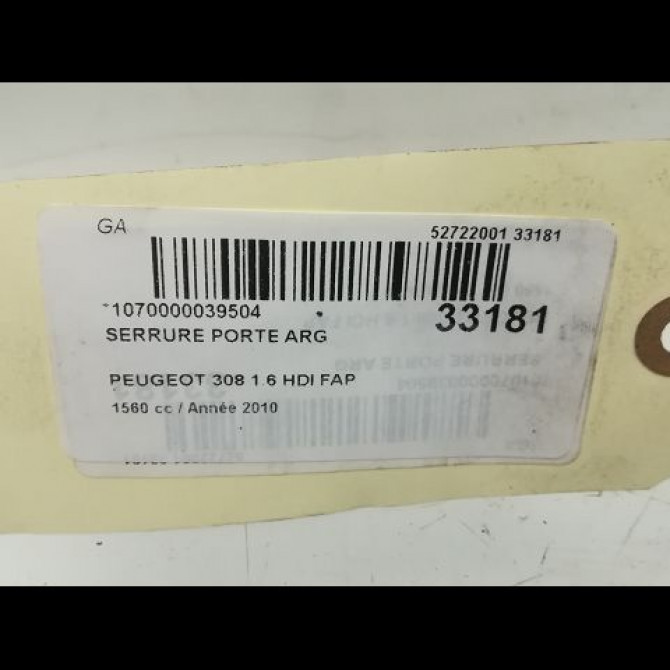 Serrure porte arg occasion PEUGEOT 308 I Phase 2 04-2011->12-2014 1.6 HDI 92ch 9800617580 6