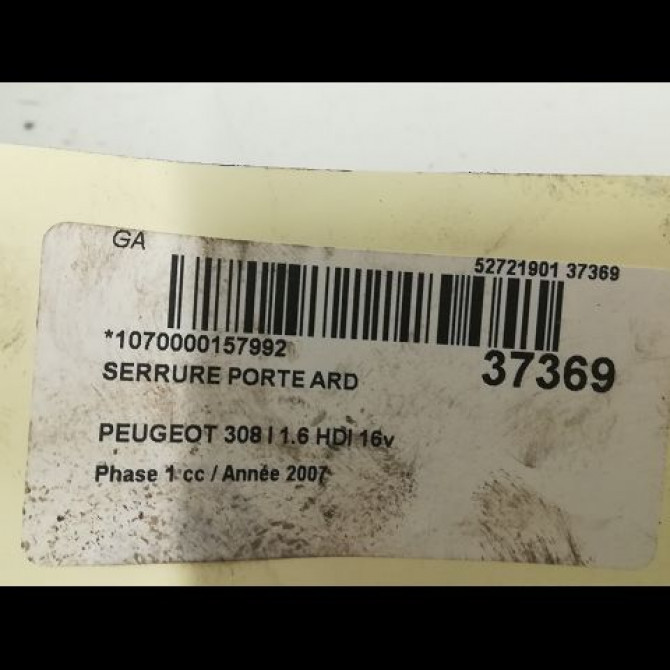 Serrure porte ard occasion PEUGEOT 308 I Phase 1 09-2007->03-2011 1.6 HDI 16v 110ch 9800617480 4
