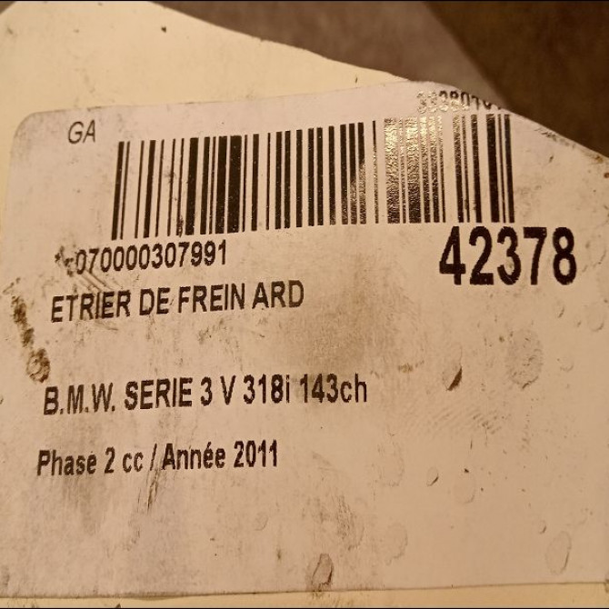 Etrier de frein arrière droit occasion B.M.W. SERIE 3 V Phase 2 09-2008->12-2011 318i 143ch 34216768698 3