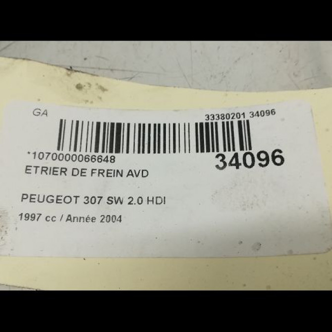 Etrier de frein avant droit occasion PEUGEOT 307 Phase 1 04-2001->06-2005 2.0 HDI 16v 136ch 1607376780 4
