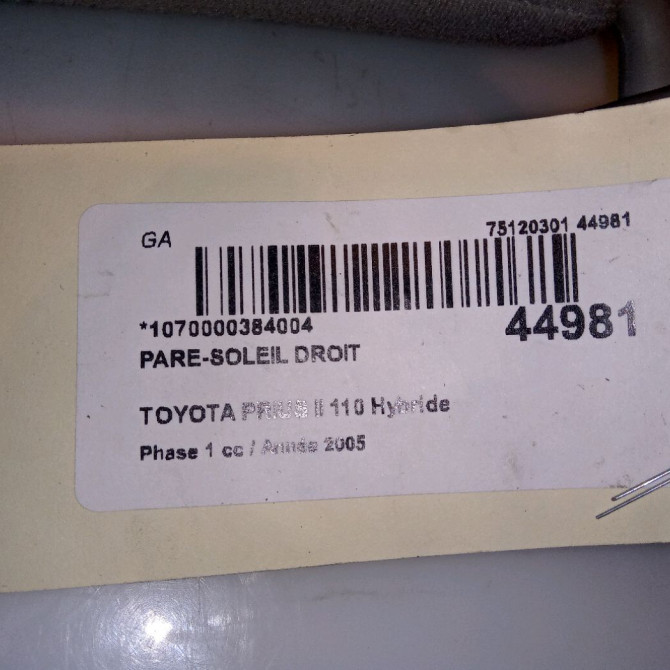 Pare-soleil droit occasion TOYOTA PRIUS II Phase 1 03-2004->11-2009 110 Hybride 7431047133B4 3
