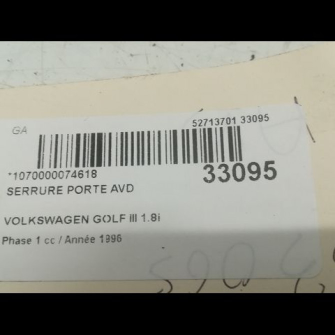Serrure porte avd occasion VOLKSWAGEN GOLF III Phase 1 01-1992->12-1997 1.8i 75ch 1H2837016M 5