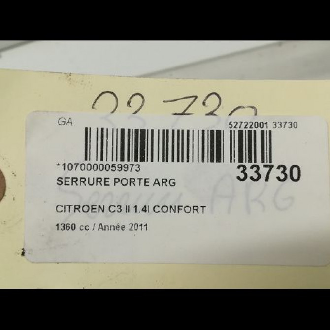Serrure porte arg occasion CITROEN C3 II Phase 1 11-2009->02-2013 1.4i 75ch 9800624880 6