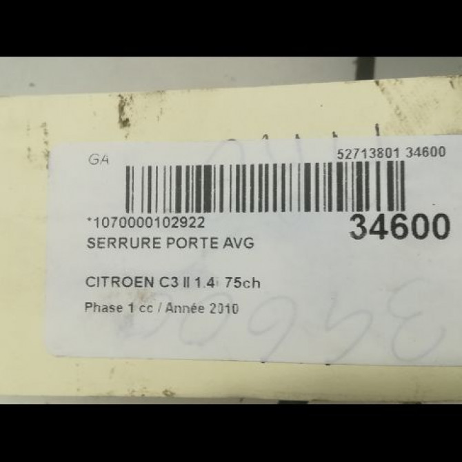 Serrure porte avg occasion CITROEN C3 II Phase 1 11-2009->02-2013 1.4i 75ch 9800624480 5