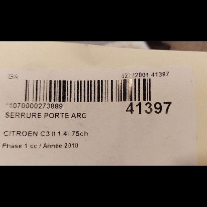 Serrure porte arg occasion CITROEN C3 II Phase 1 11-2009->02-2013 1.4i 75ch 9800624880 3