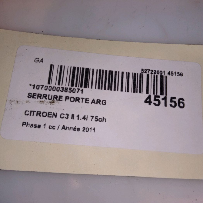 Serrure porte arg occasion CITROEN C3 II Phase 1 11-2009->02-2013 1.4i 75ch 4