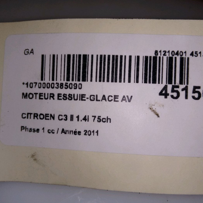 Moteur essuie-glace avant occasion CITROEN C3 II Phase 1 11-2009->02-2013 1.4i 75ch 4