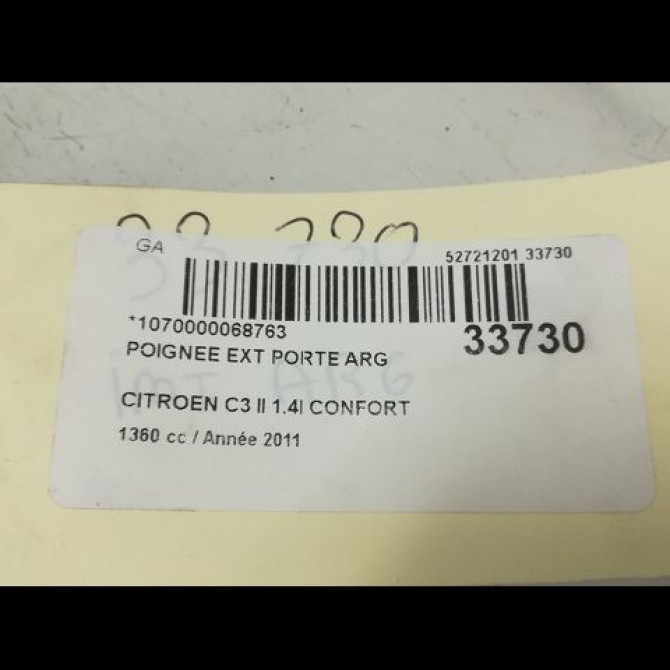 Poignee ext porte arg occasion CITROEN C3 II Phase 1 11-2009->02-2013 1.4i 75ch 9101KH 4