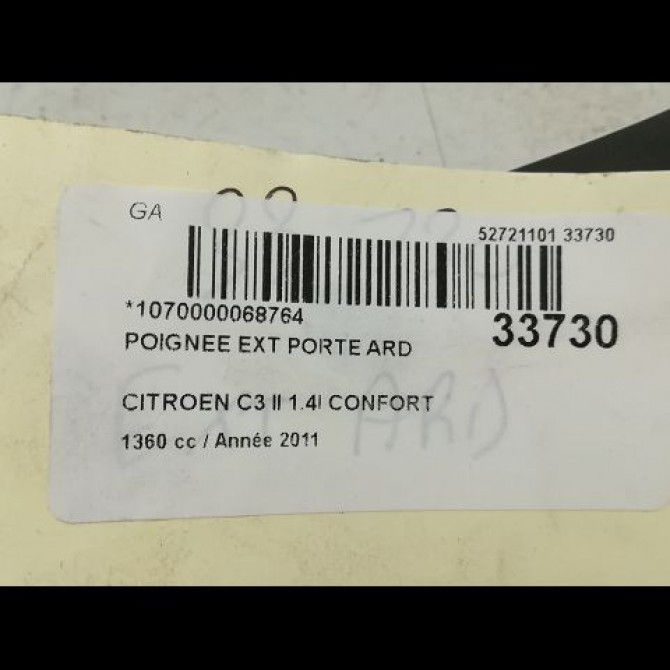 Poignee ext porte ard occasion CITROEN C3 II Phase 1 11-2009->02-2013 1.4i 75ch 9101KH 4