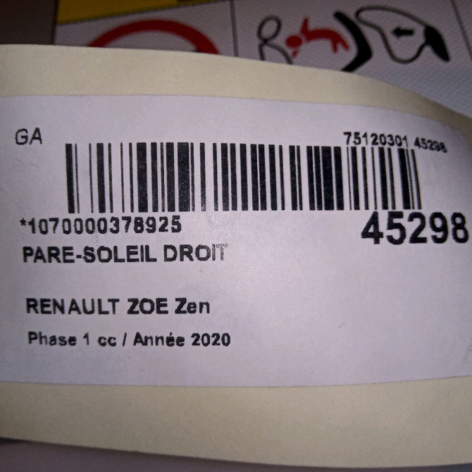 Pare-soleil droit occasion RENAULT ZOE Phase 1 10-2012->... Zen 3