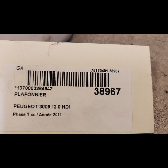 Plafonnier occasion PEUGEOT 3008 I Phase 1 04-2009->12-2013 2.0 HDI 150ch 6362T9 2