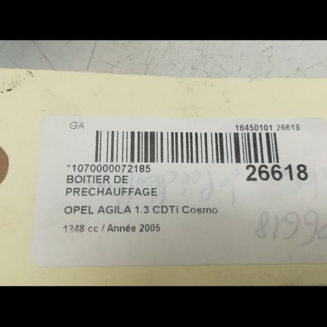 Boitier de préchauffage occasion OPEL AGILA I Phase 1 08-2000->12-2007 1.3 CDTi 70ch 5