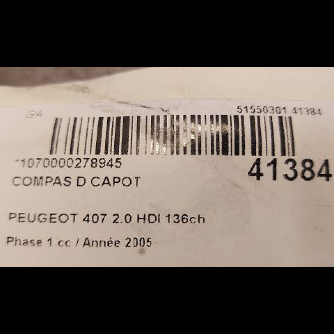 Compas d capot occasion PEUGEOT 407 Phase 1 04-2004->07-2008 2.0 HDI 136ch 791277 2