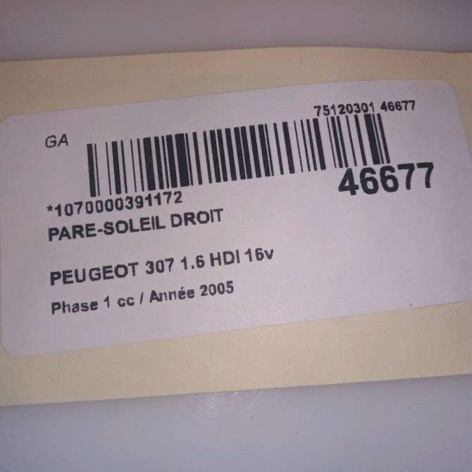 Pare-soleil droit occasion PEUGEOT 307 Phase 1 04-2001->06-2005 1.6 HDI 16v 90ch 8143HL 3