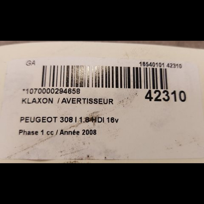 Klaxon  / avertisseur occasion PEUGEOT 308 I Phase 1 09-2007->03-2011 1.6 HDI 16v 110ch 6236G6 3