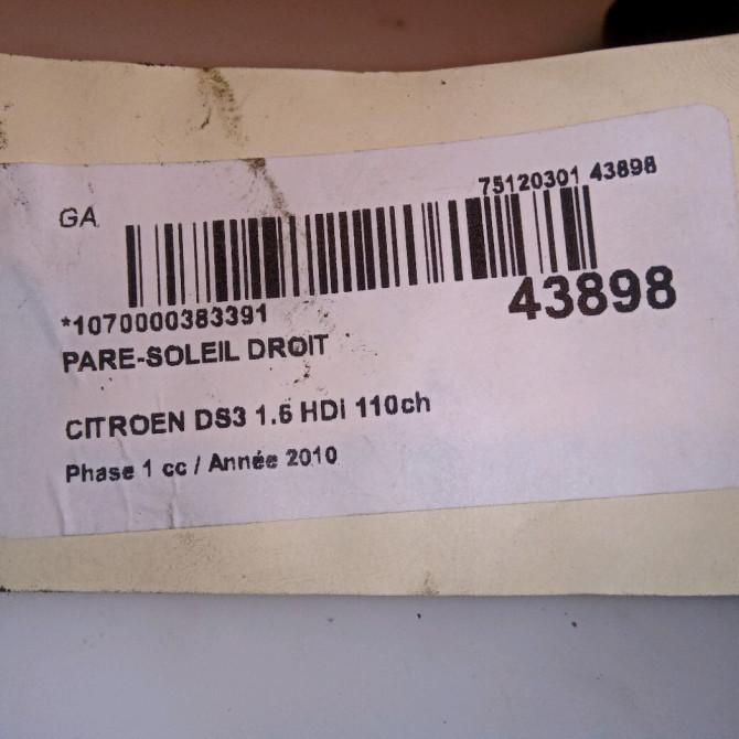 Pare-soleil droit occasion CITROEN DS3 Phase 1 11-2009->03-2014 1.6 HDi 110ch 16121827ZD 3