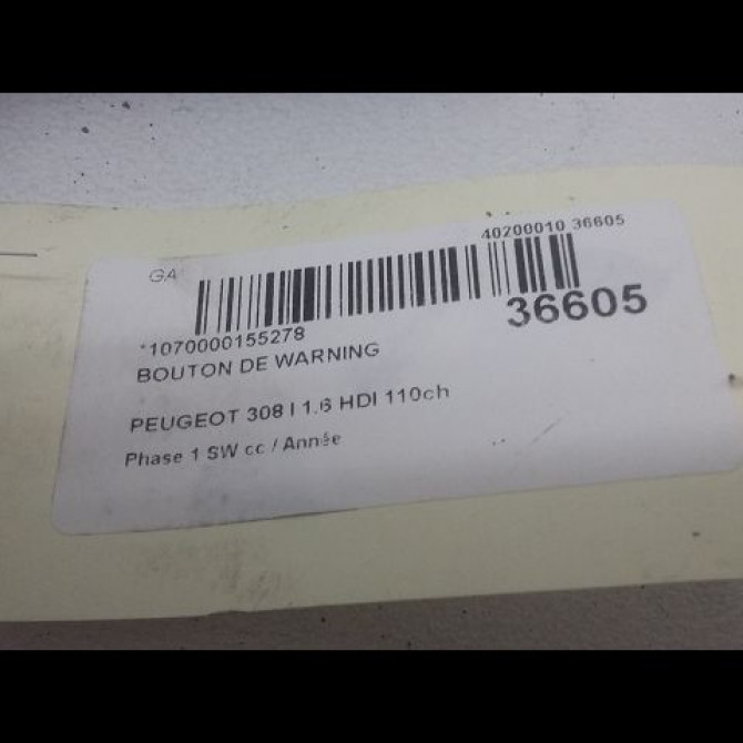 Bouton de warning occasion PEUGEOT 308 I Phase 1 SW 05-2008->03-2011 1.6 HDI 110ch 3