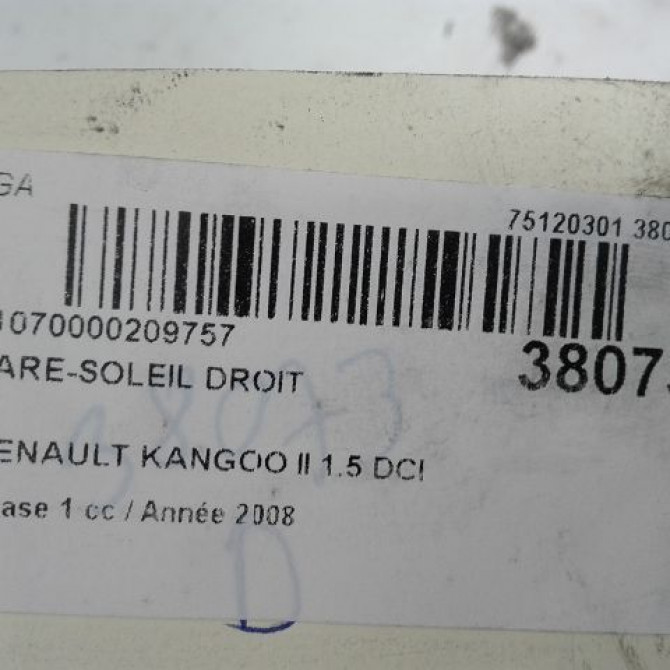Pare-soleil droit occasion RENAULT KANGOO II Phase 1 01-2008->03-2013 1.5 DCI 85ch 8200928803 3