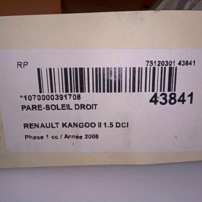 Pare-soleil droit occasion RENAULT KANGOO II Phase 1 01-2008->03-2013 1.5 DCI 105ch 8200928803 4