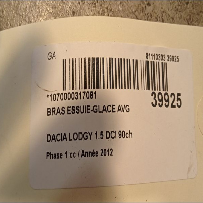 Bras essuie-glace avant gauche occasion DACIA LODGY Phase 1 01-2012->... 1.5 DCI 90ch 288812261R 2