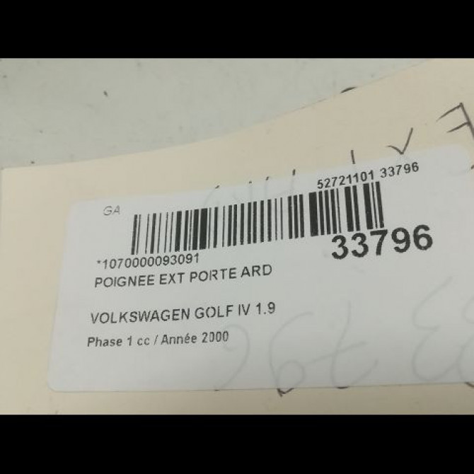 Poignee ext porte ard occasion VOLKSWAGEN GOLF IV GOLF IV Phase 1 1998-01-01->2005-06-30 1.9 TDI 90ch 3B0837207F3FZ 3