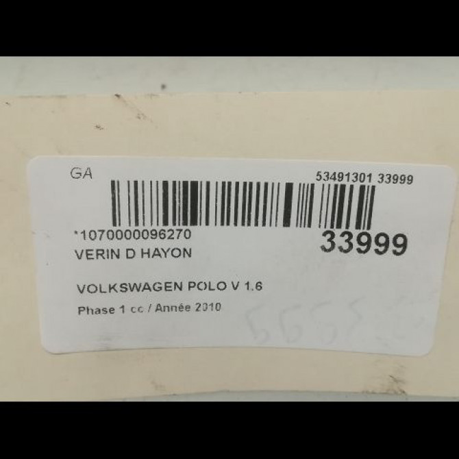 Verin droit hayon occasion VOLKSWAGEN POLO V POLO V Phase 1 2009-09-01->2014-05-31 1.6 TDI 90 6R6827550C 2
