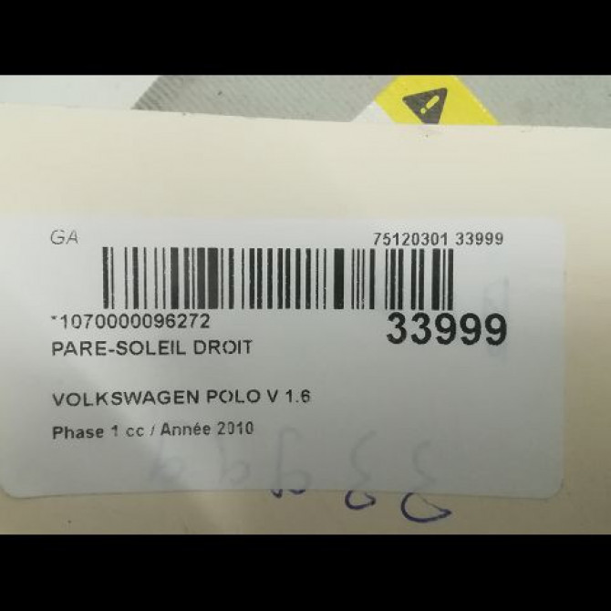 Pare-soleil droit occasion VOLKSWAGEN POLO V POLO V Phase 1 2009-09-01->2014-05-31 1.6 TDI 90 6R0857552AL3H8 3