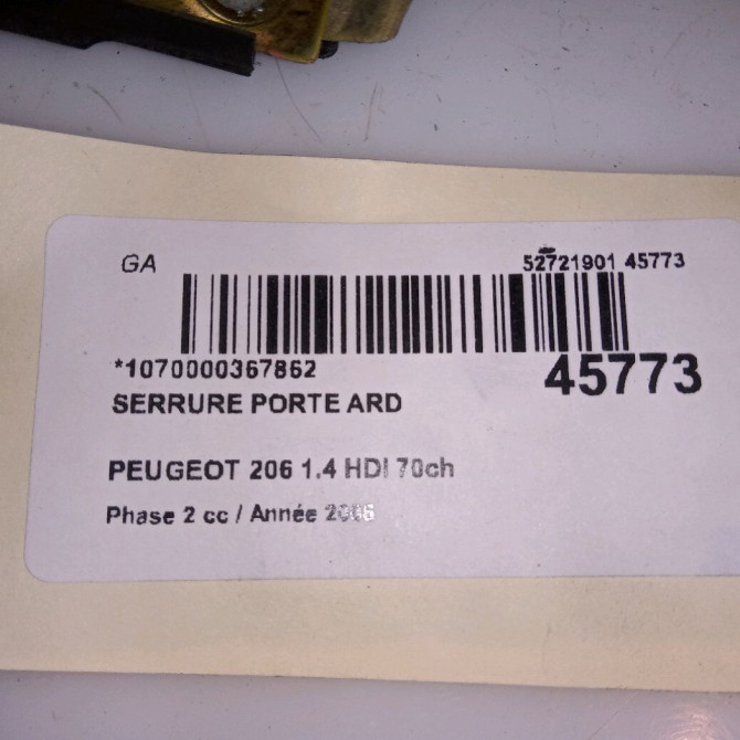 Serrure porte ard occasion PEUGEOT 206 Phase 2 02-2003->02-2009 1.4 HDI 70ch 9138G1 5