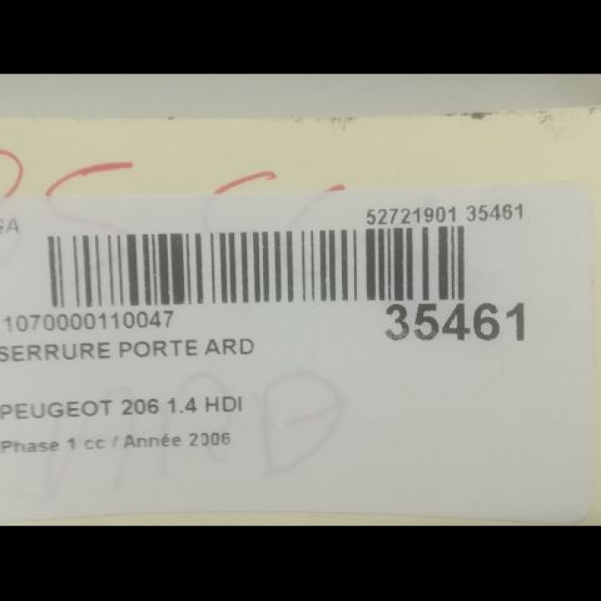 Serrure porte ard occasion PEUGEOT 206 Phase 1 09-1998->03-2009 1.4 HDI 9138G1 3